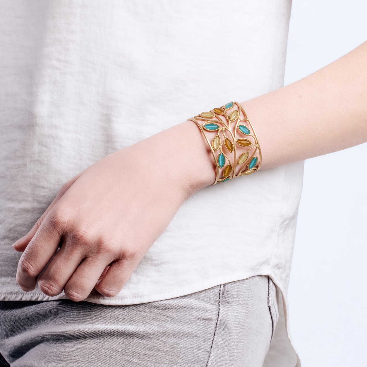 24k Gold Finish Bronze + Cast Glass ‘Sage’ Cuff Bracelet – Multi