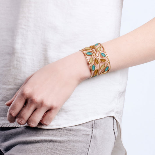 24k Gold Finish Bronze + Cast Glass ‘Sage’ Cuff Bracelet – Multi