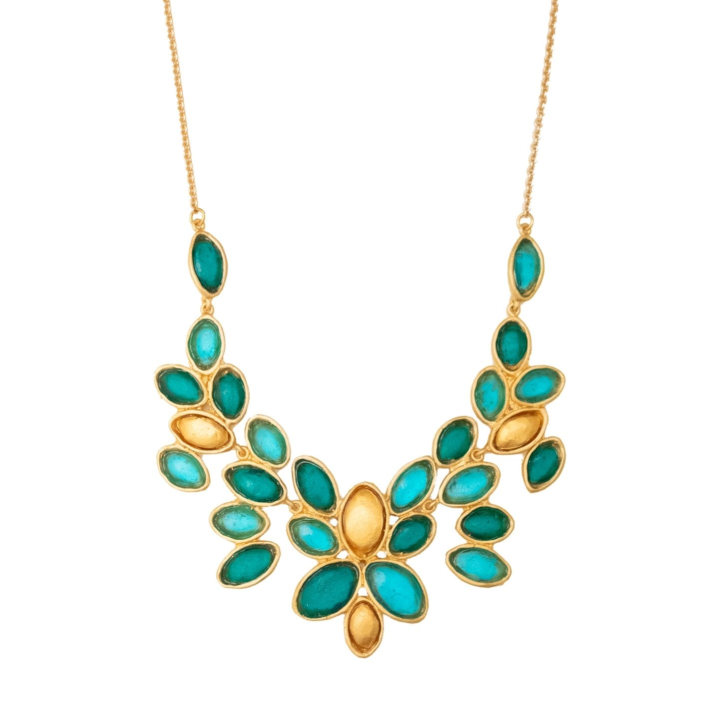 24k Gold Finish Bronze + Cast Glass ‘Peacock’ Statement Necklace