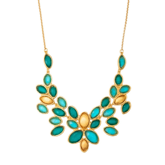 24k Gold Finish Bronze + Cast Glass ‘Peacock’ Statement Necklace