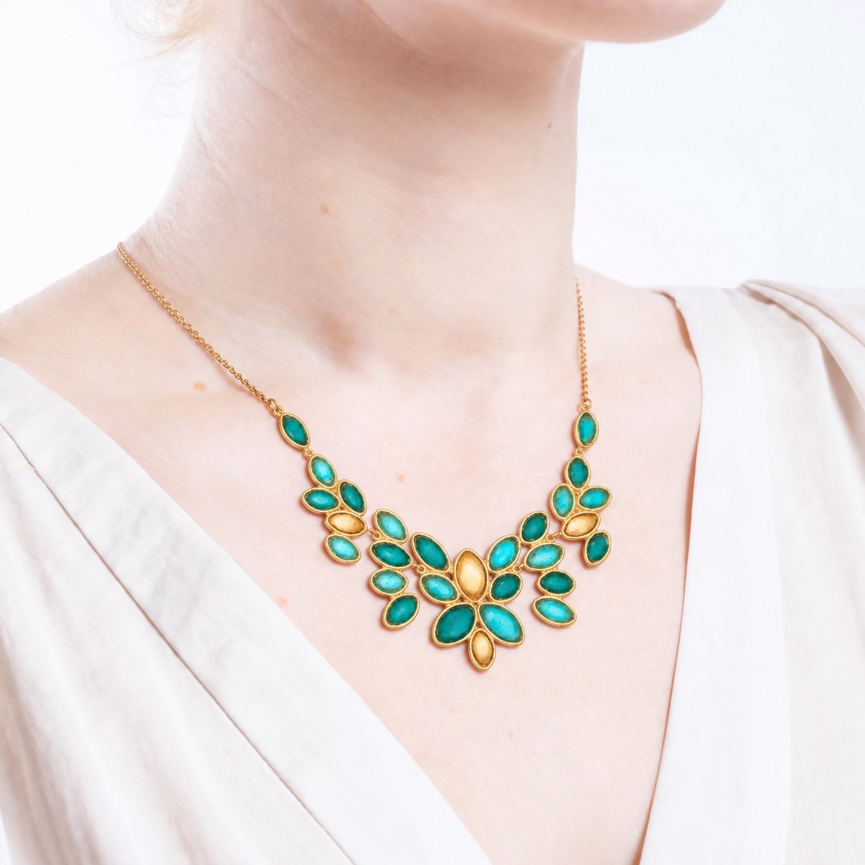 24k Gold Finish Bronze + Cast Glass ‘Peacock’ Statement Necklace