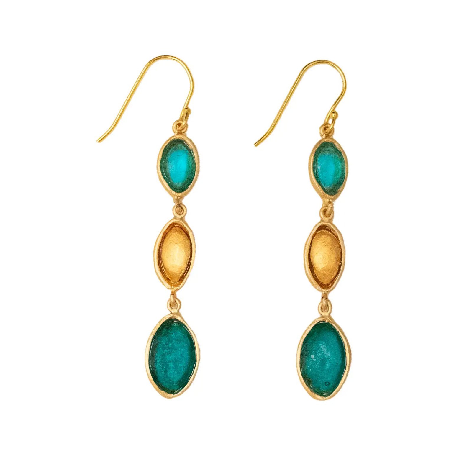 24k Gold Finish Bronze + Cast Glass ‘Peacock’ 3-Drop Earrings