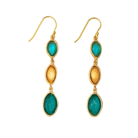 24k Gold Finish Bronze + Cast Glass ‘Peacock’ 3-Drop Earrings