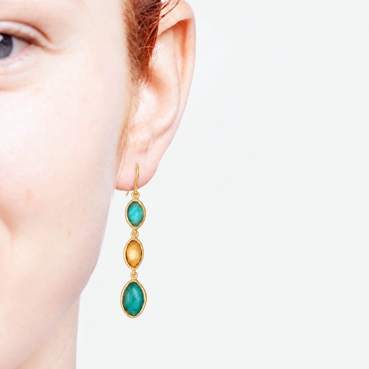 24k Gold Finish Bronze + Cast Glass ‘Peacock’ 3-Drop Earrings