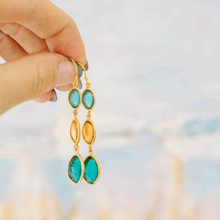 24k Gold Finish Bronze + Cast Glass ‘Peacock’ 3-Drop Earrings