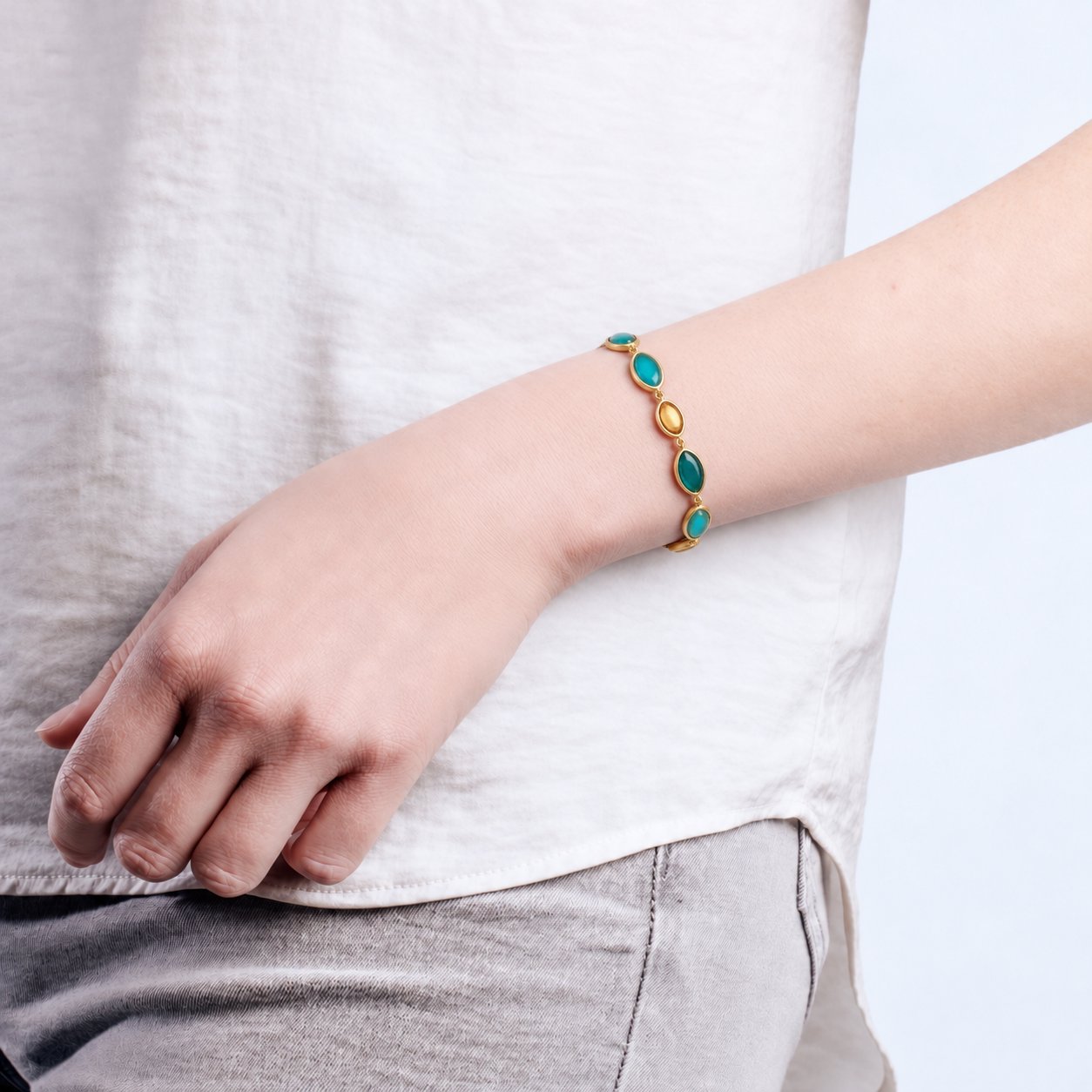 24k Gold Finish Bronze + Cast Glass ‘Peacock’ Bracelet