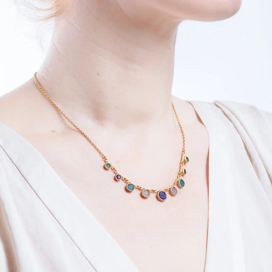 24k Gold Finish Bronze + Cast Glass ‘Raindrop’ Necklace - Multi