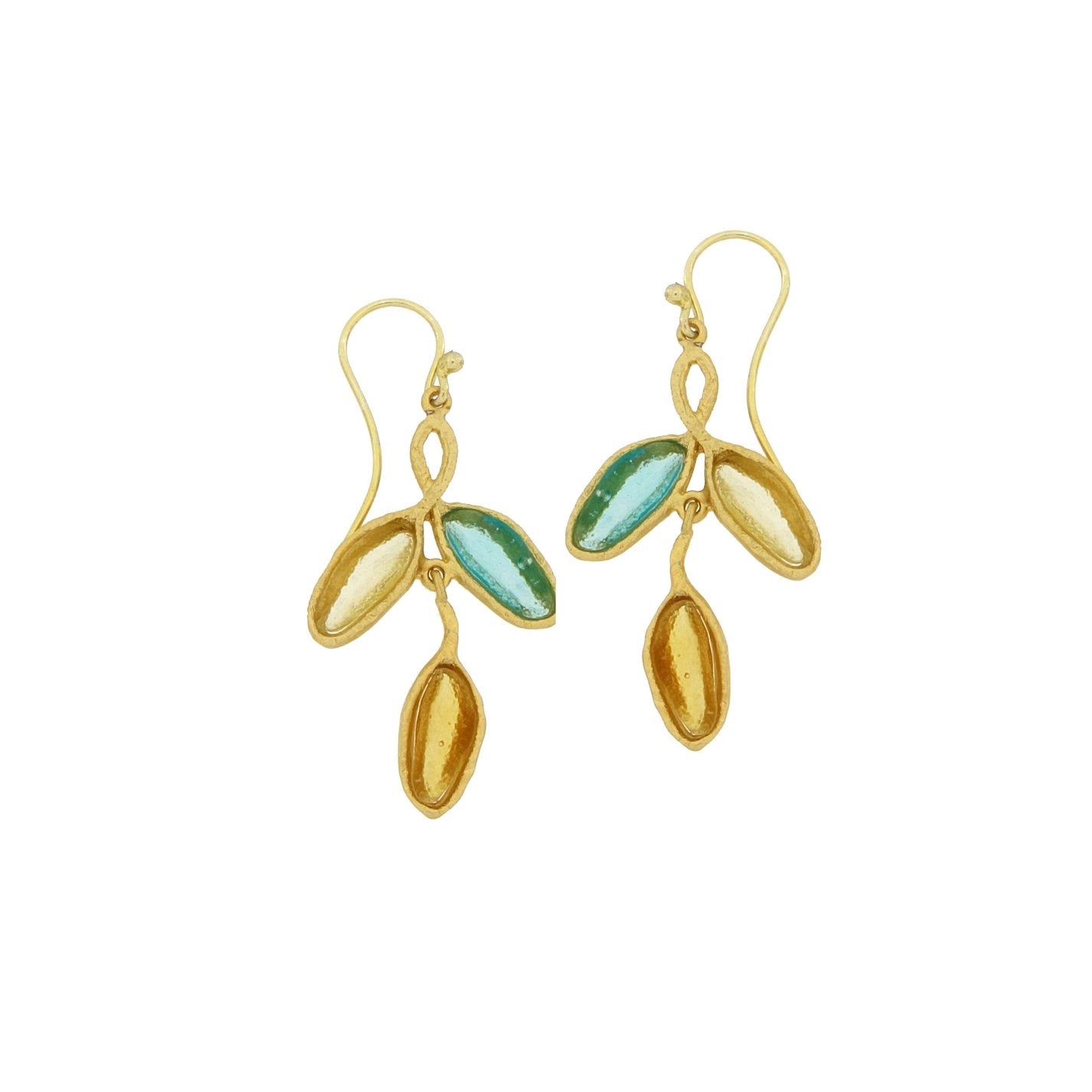 24k Gold Finish Bronze + Cast Glass ‘Sage 3-Leaf’ Drop Earrings - Multi