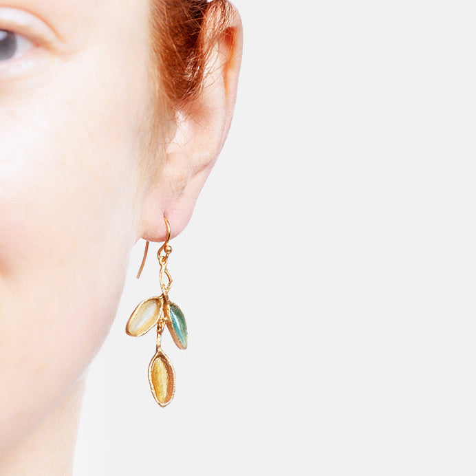 24k Gold Finish Bronze + Cast Glass ‘Sage 3-Leaf’ Drop Earrings - Multi