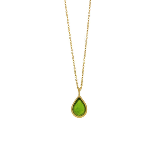 24k Gold Finish Bronze + Cast Glass ‘Tear Drop Bubbles’ Small Pendant Necklace - Green
