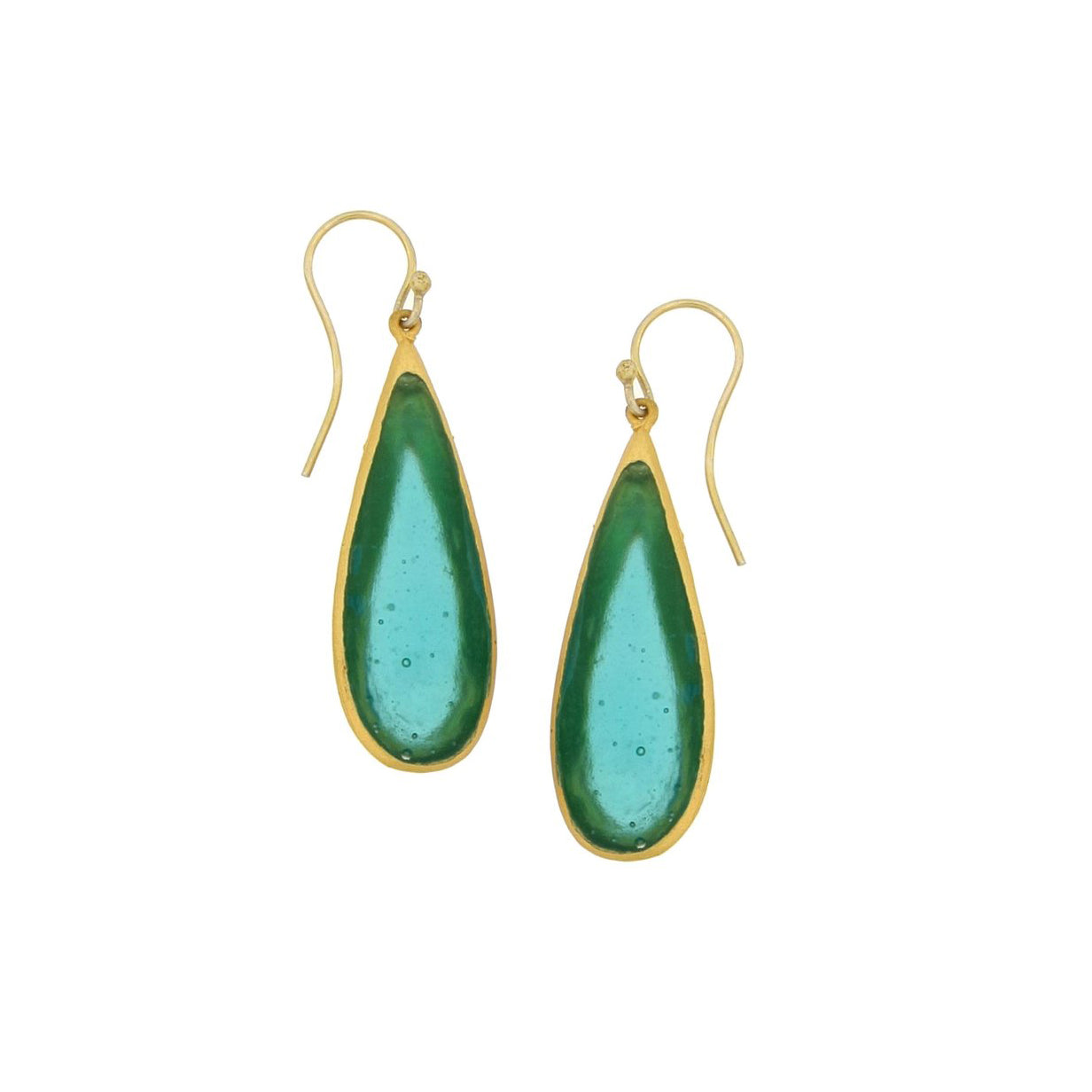 24k Gold Finish Bronze + Cast Glass ‘Long Tear Drop Bubbles’ Dangle Earrings - Teal
