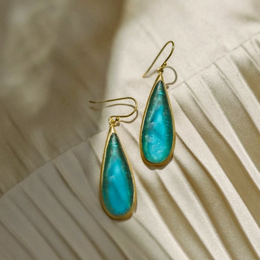 24k Gold Finish Bronze + Cast Glass ‘Long Tear Drop Bubbles’ Dangle Earrings - Teal