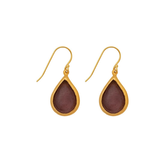 24k Gold Finish Bronze + Cast Glass ‘Tear Drop Bubbles’ Dangle Earrings - Dark Purple
