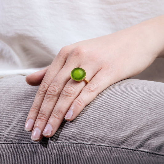 24k Gold Finish Bronze + Cast Glass ‘Bubble’ Ring – Small/Green
