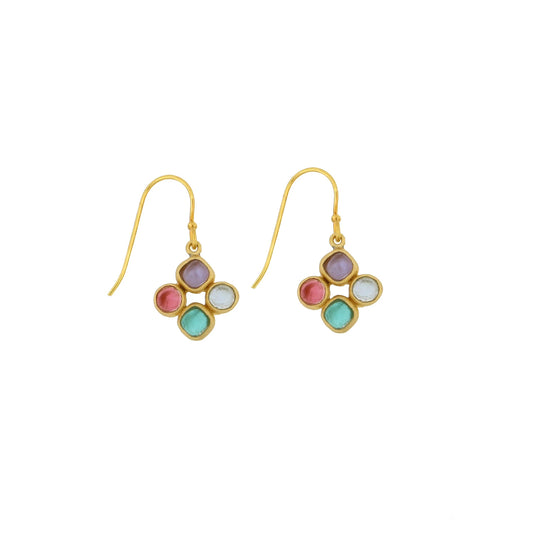 24k Gold Finish Bronze + Cast Glass ‘Diamond Drop’ Dangle Earrings – Multi