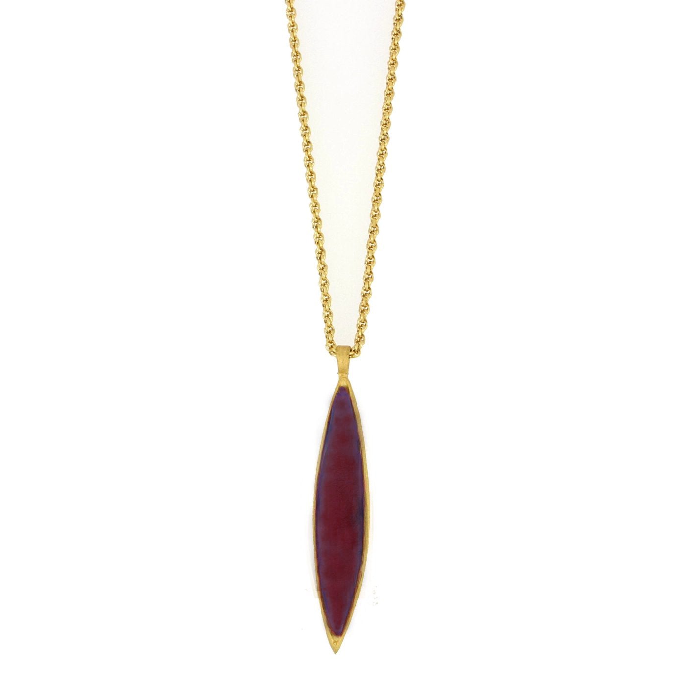 24k Gold Finish Bronze + Cast Glass ‘Eucalyptus Long Leaf’ Pendant Necklace – Dark Purple