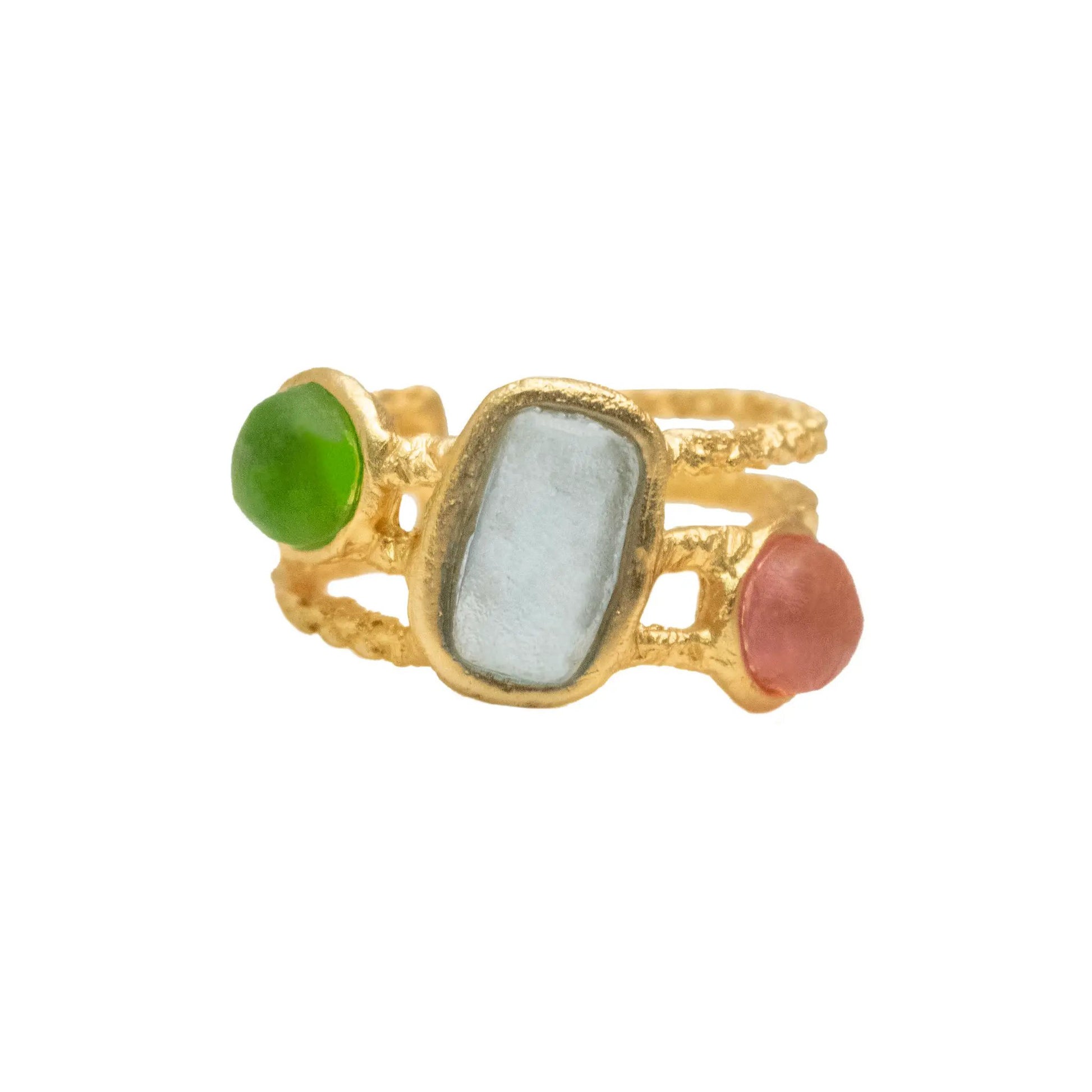 24k Gold Finish Bronze + Cast Glass ‘Neo-Baroque’ Adjustable Ring – Multi