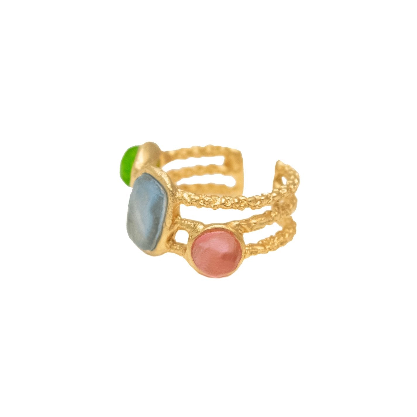 24k Gold Finish Bronze + Cast Glass ‘Neo-Baroque’ Adjustable Ring – Multi