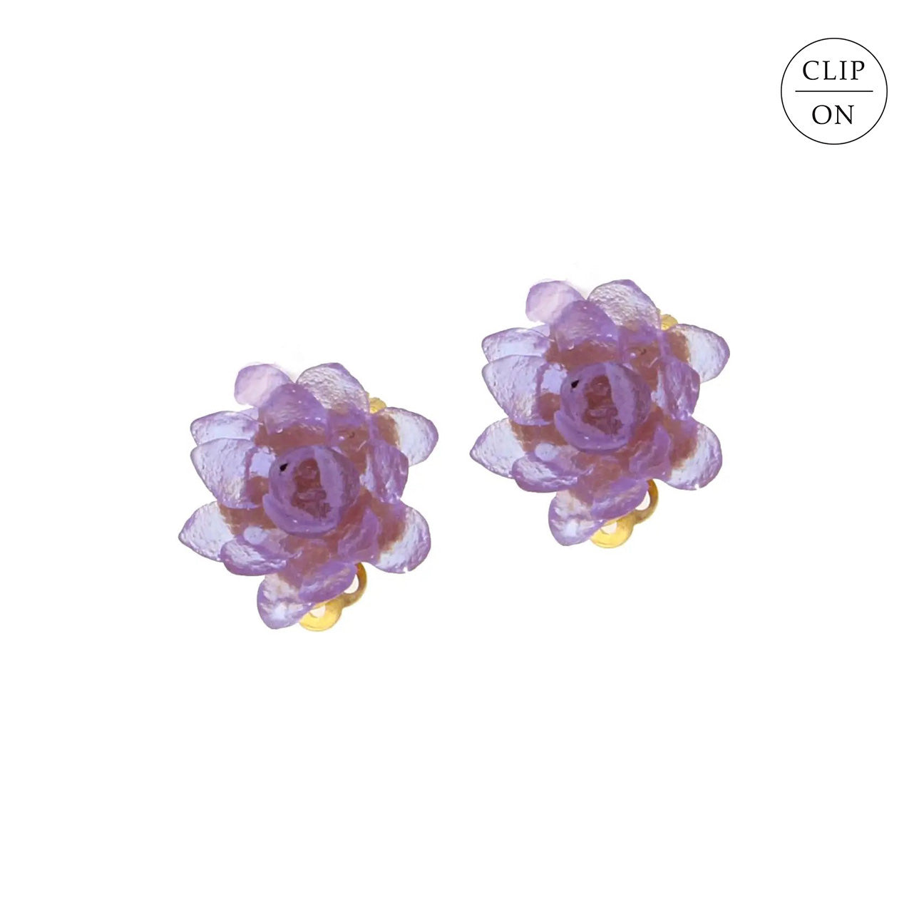 24k Gold Finish Bronze + Cast Glass ‘Water Lily’ Clip-On Earrings - Lavender