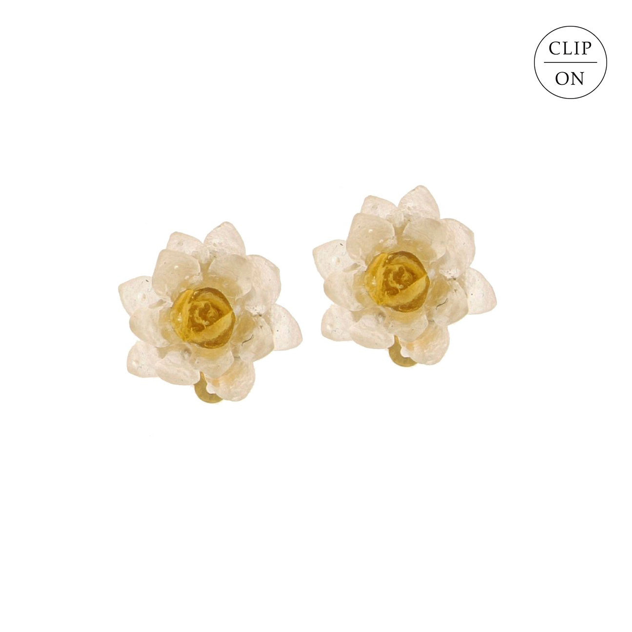 24k Gold Finish Bronze + Cast Glass ‘Water Lily’ Clip-On Earrings - Clear/Multi