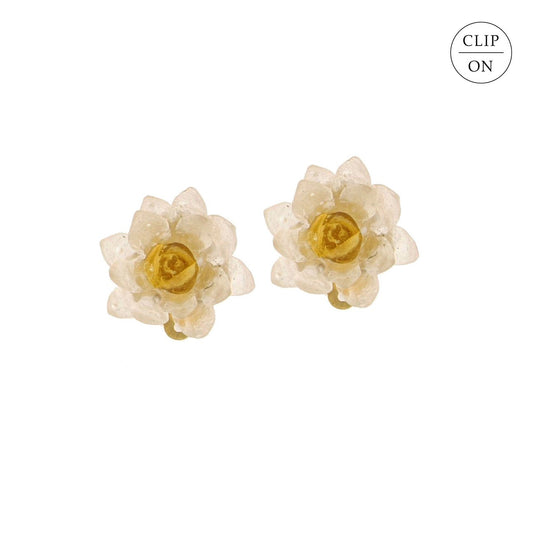 24k Gold Finish Bronze + Cast Glass ‘Water Lily’ Clip-On Earrings - Clear/Multi