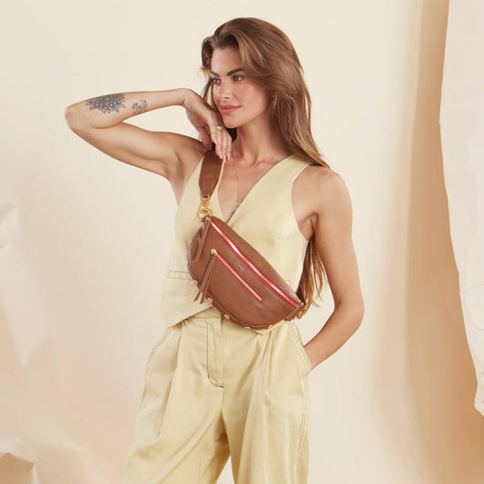 Hammitt Charles Belt Bag - Mahogany Pebble/Brushed Gold Red Zip