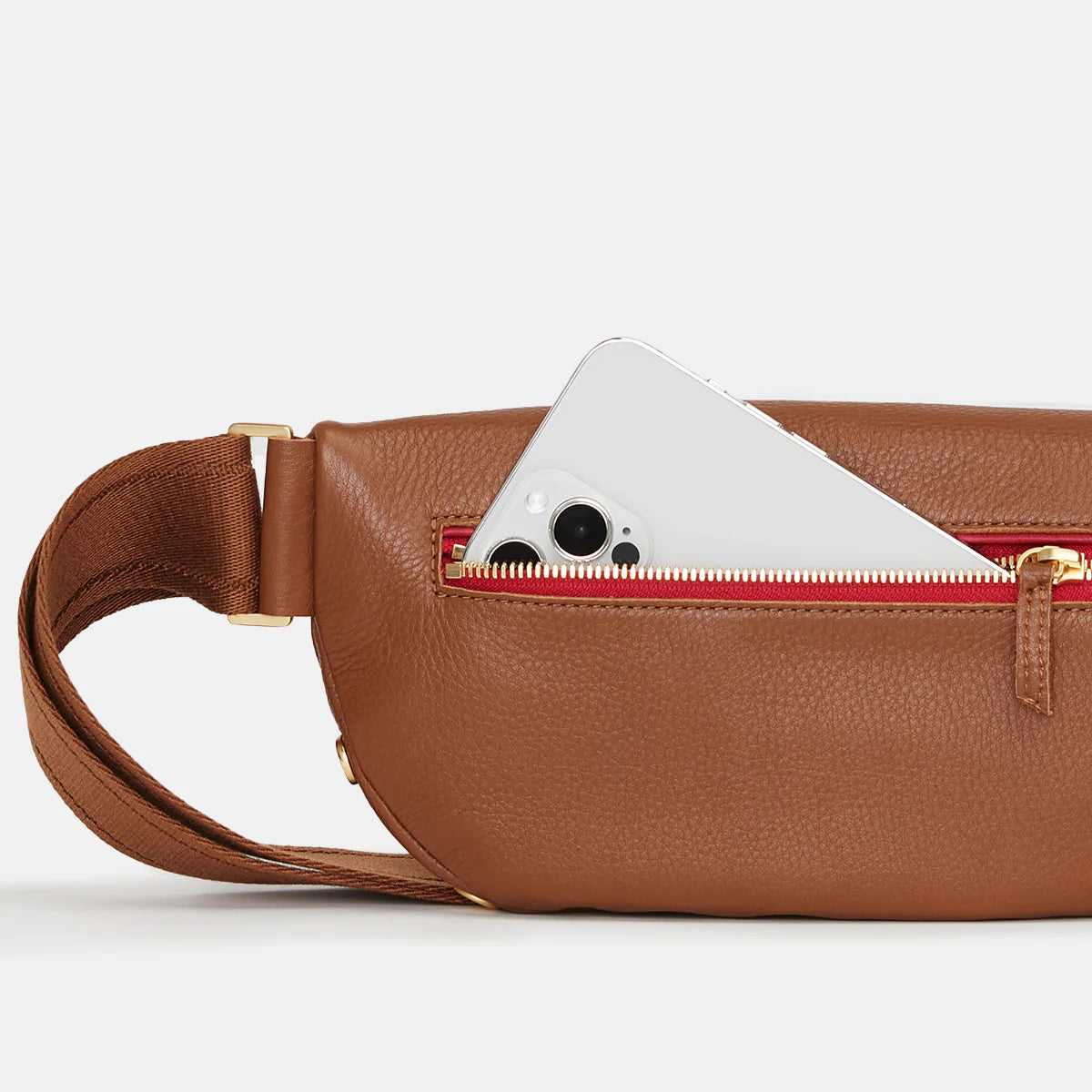 Hammitt Charles Belt Bag - Mahogany Pebble/Brushed Gold Red Zip