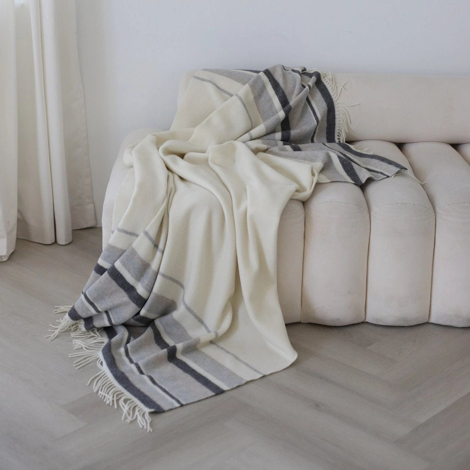 Malmo Cashmere/Wool Blend Throw - White, Beige + Charcoal Stripe