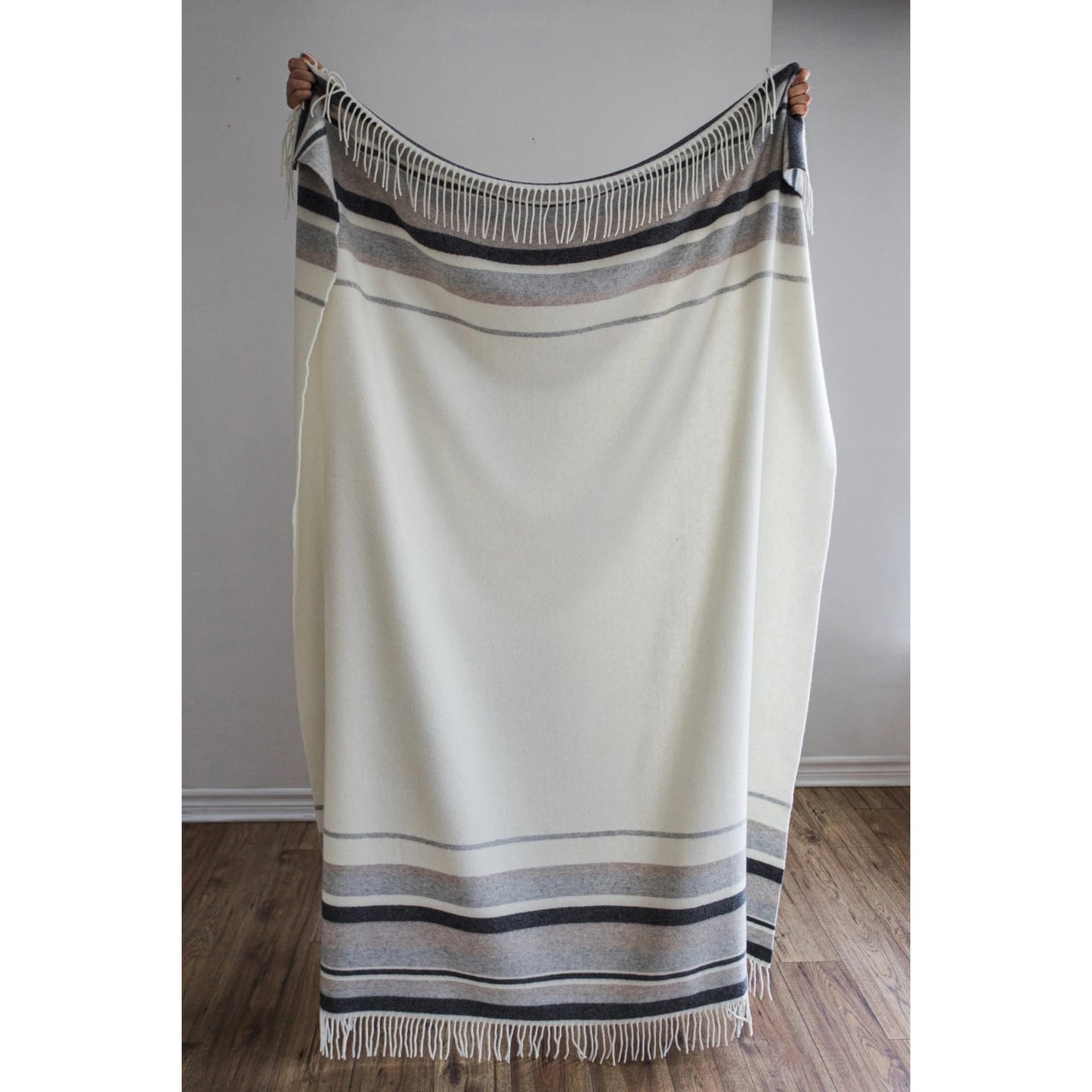 Malmo Cashmere/Wool Blend Throw - White, Beige + Charcoal Stripe