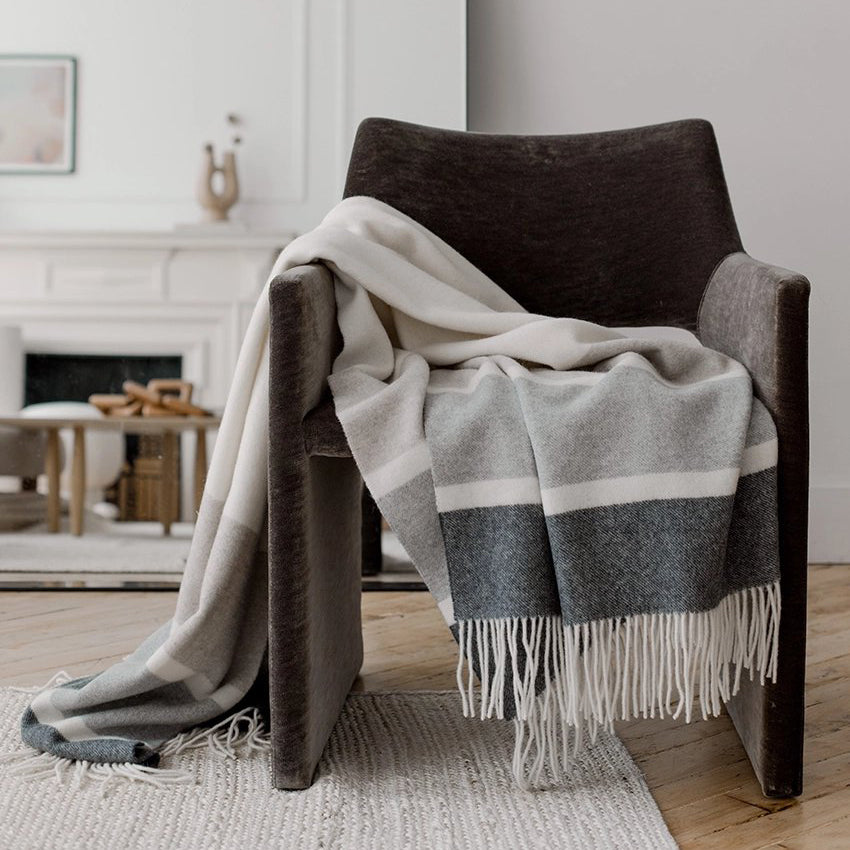 Manhattan Cashmere/Wool Blend Throw - White, Otter Beige + Grey Stripe