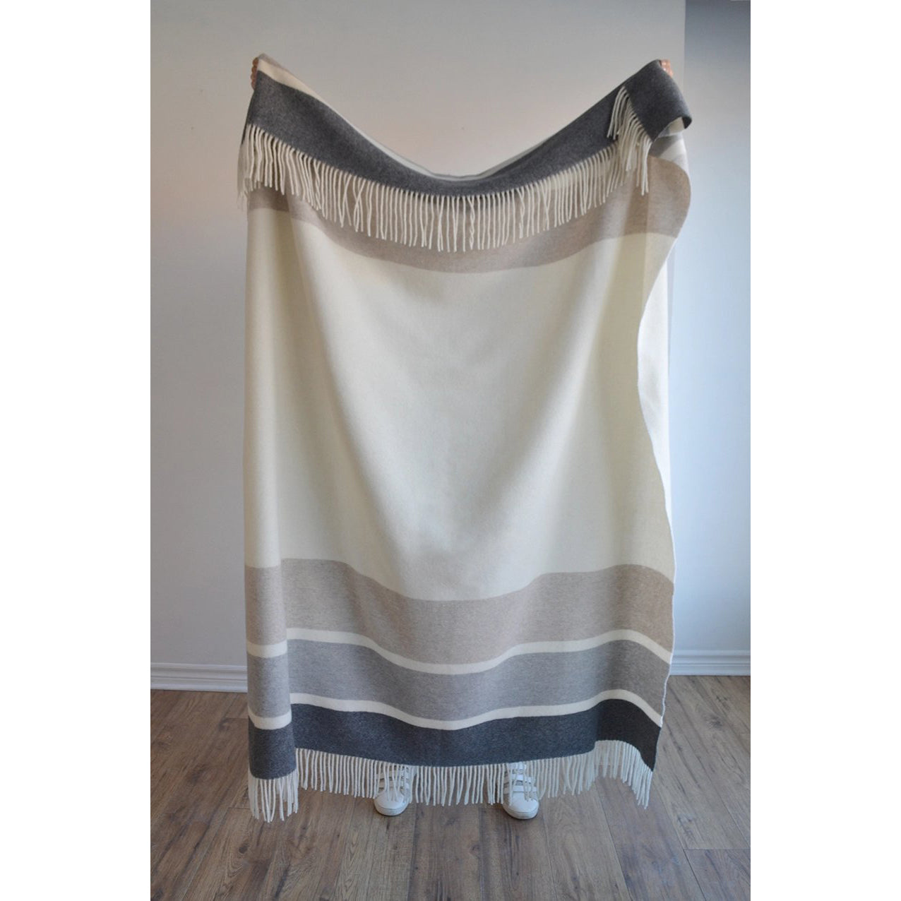 Manhattan Cashmere/Wool Blend Throw - White, Otter Beige + Grey Stripe