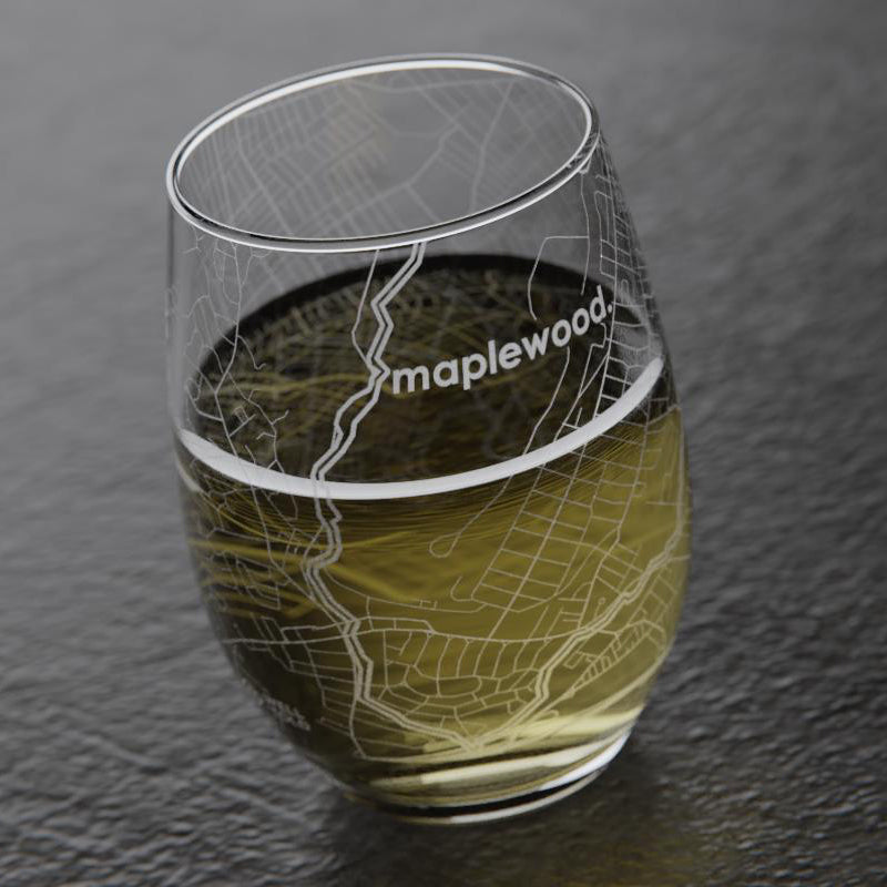 "Maplewood" Etched Map Stemless Wine Glass