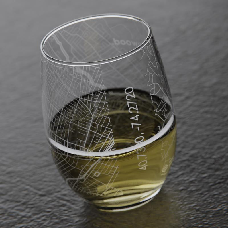 "Maplewood" Etched Map Stemless Wine Glass