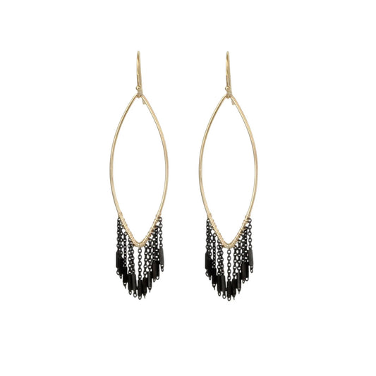 Marquise Link with Black Chain Fringe Earrings - Gold