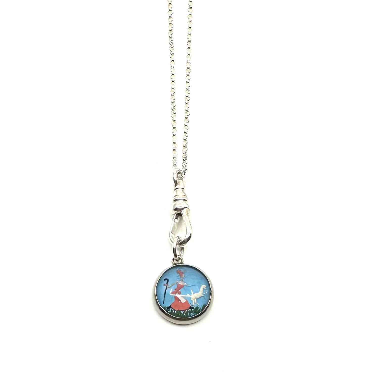 Vintage Reverse-Painted Nursery Rhyme Charm Necklace - Mary Had a Little Lamb (blue)