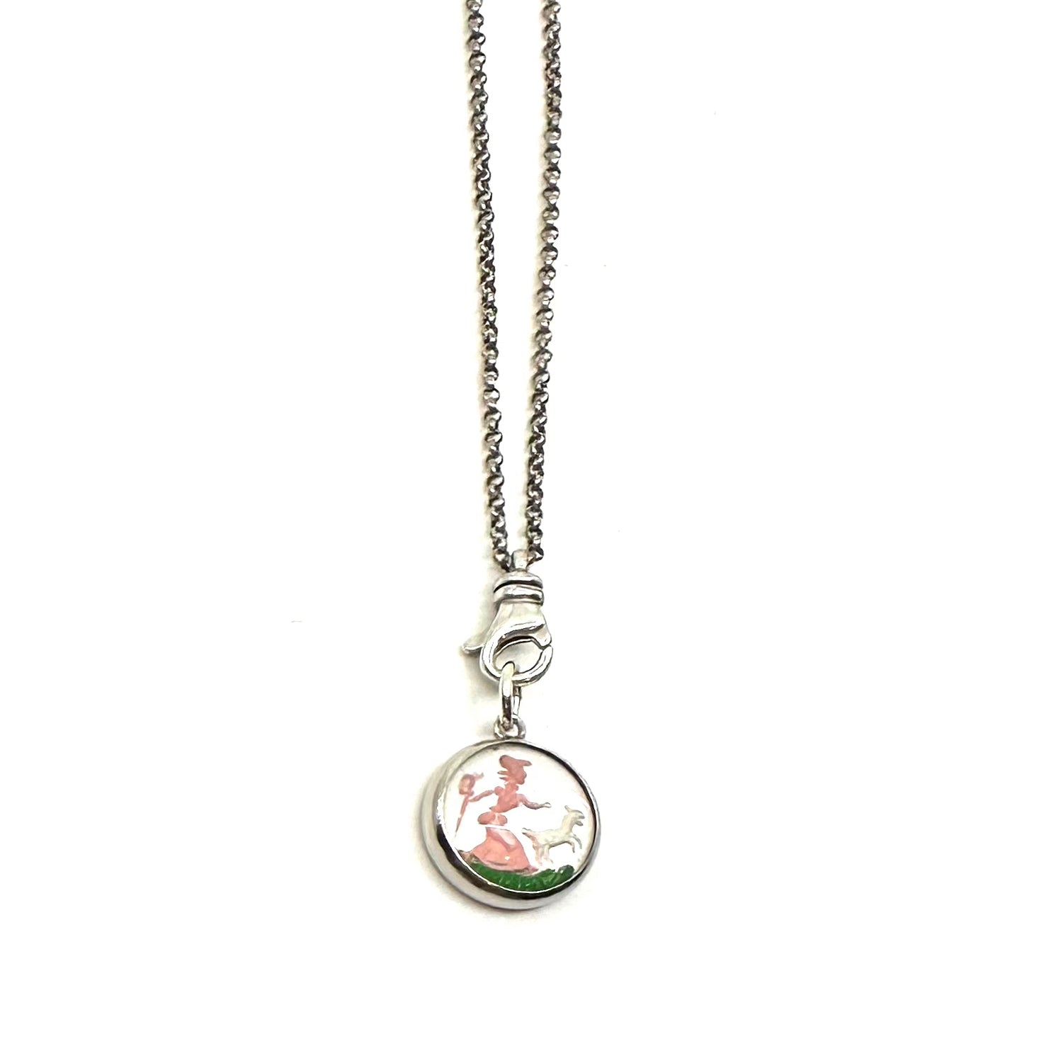 Vintage Reverse-Painted Nursery Rhyme Charm Necklace - Mary Had a Little Lamb (white)