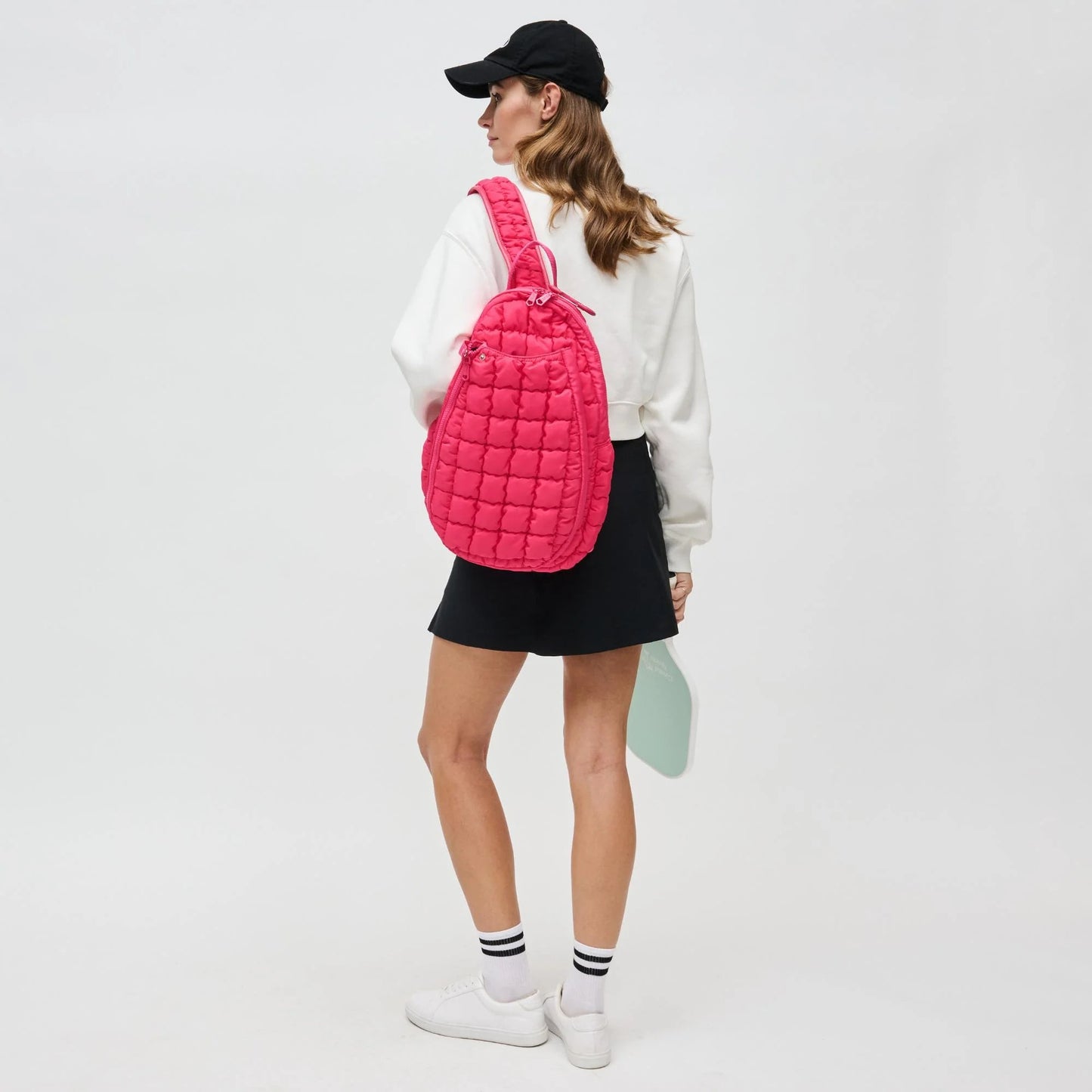 Match Point Quilted Nylon Puffer Pickleball Sling Backpack - Hot Pink