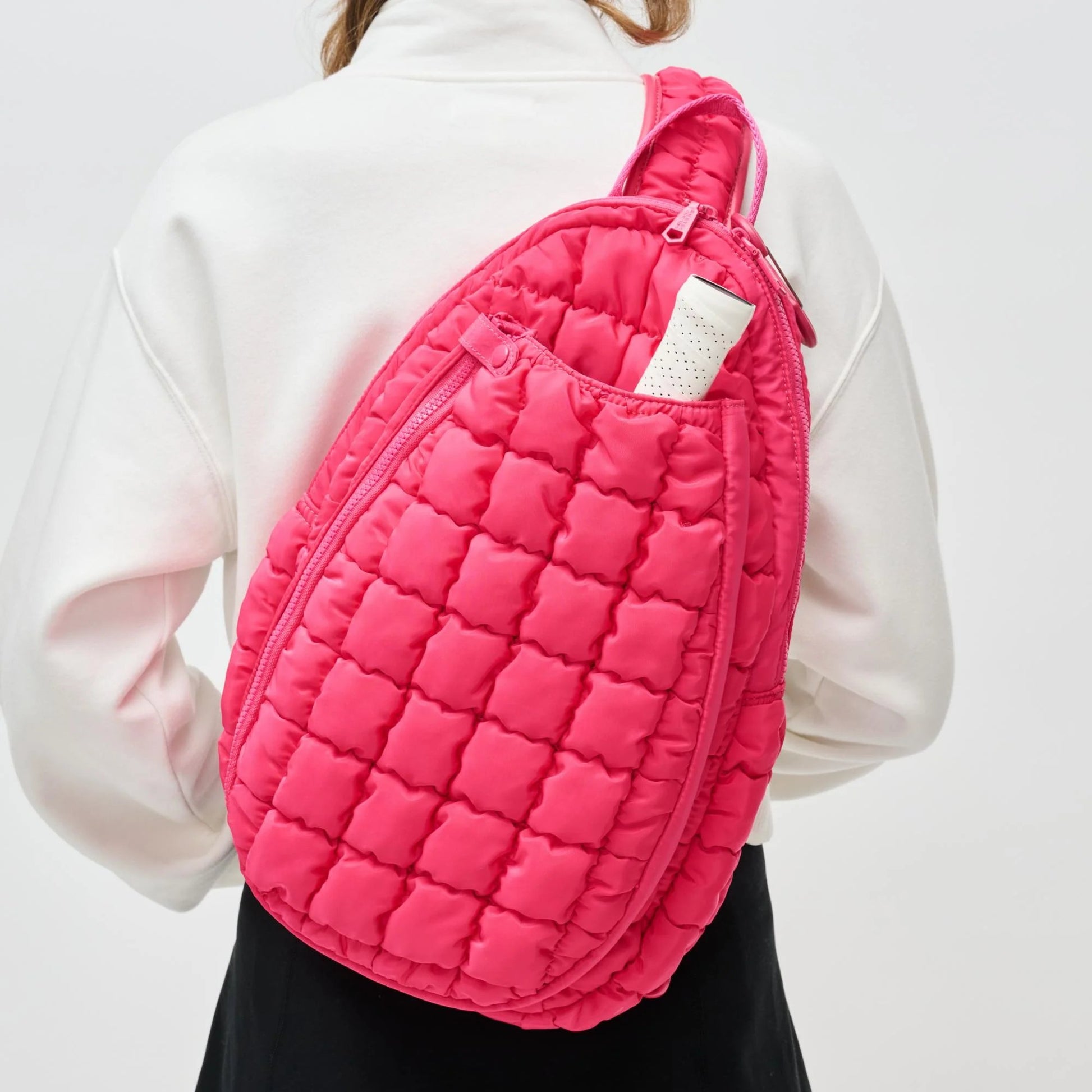 Match Point Quilted Nylon Puffer Pickleball Sling Backpack - Hot Pink