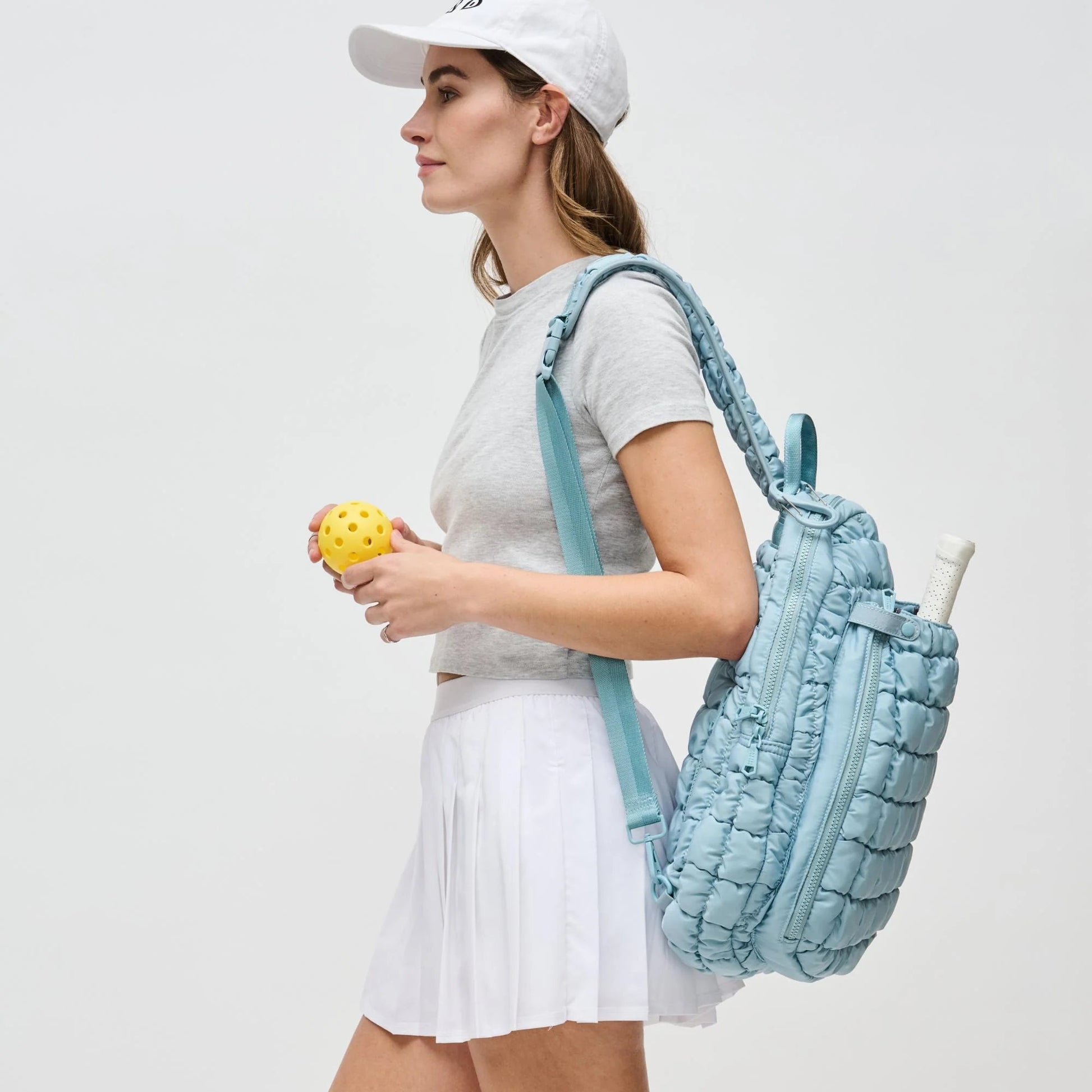 Match Point Quilted Nylon Puffer Pickleball Sling Backpack - Sky Blue