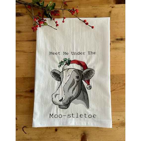 Meet Me Under the Mooseltoe - Embroidered Flour Sack Kitchen Towel