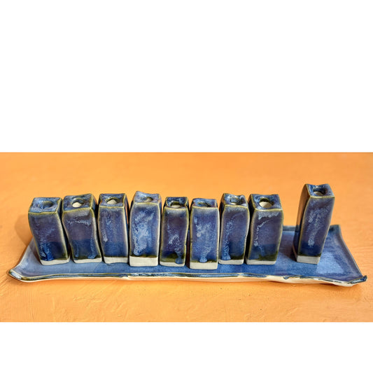 One-of-a-Kind Porcelain Slab Menorah - Blue Glaze