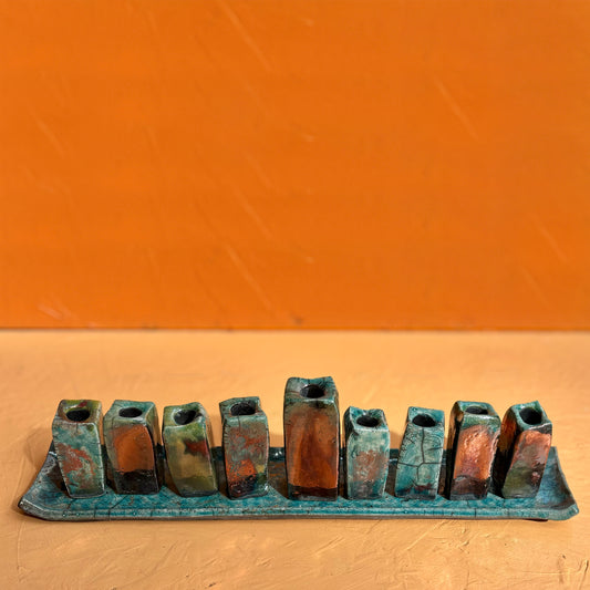 One-of-a-Kind Raku Slab Menorah - Teal/Rust Crackle