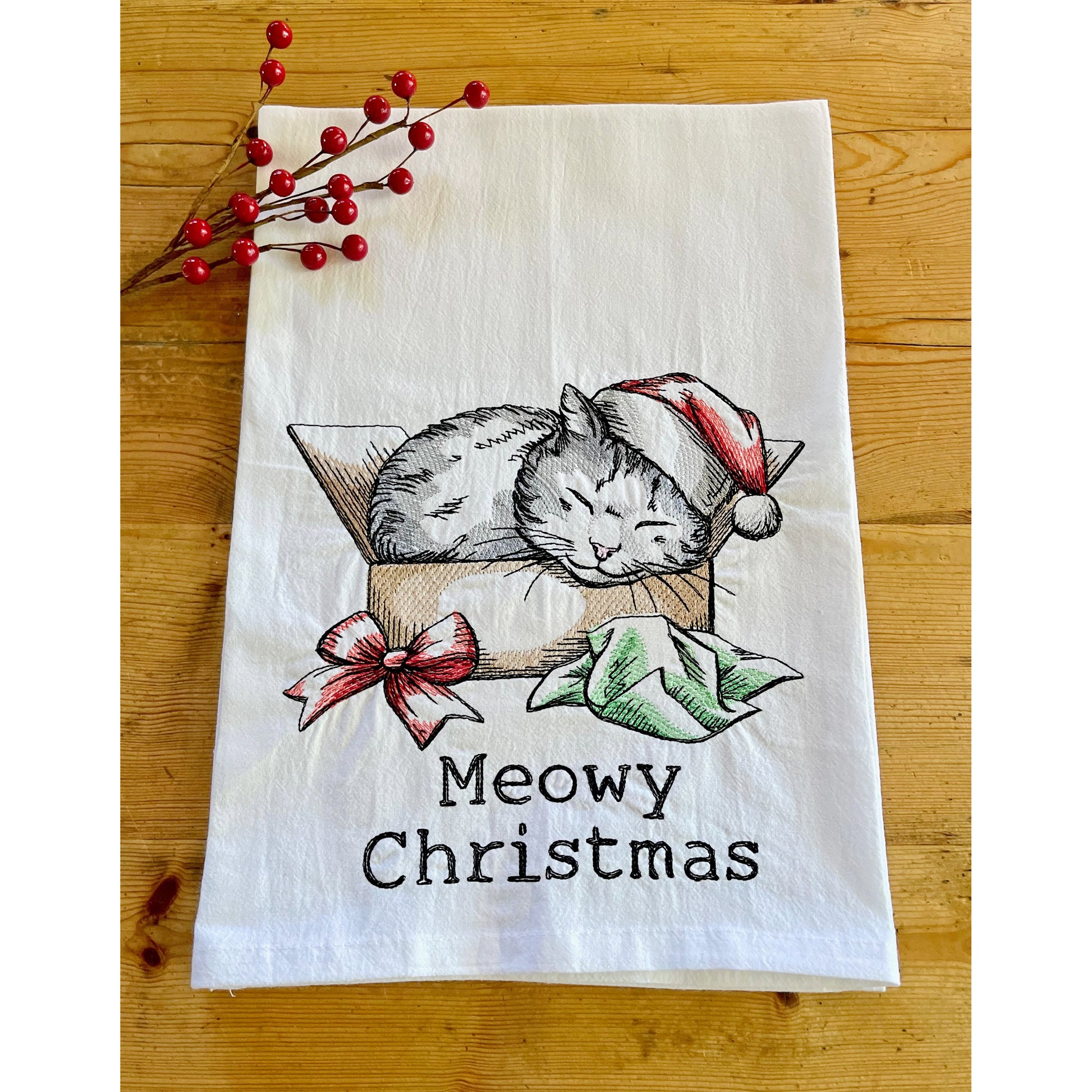 Meowy Christmas - Embroidered Flour Sack Kitchen Towel