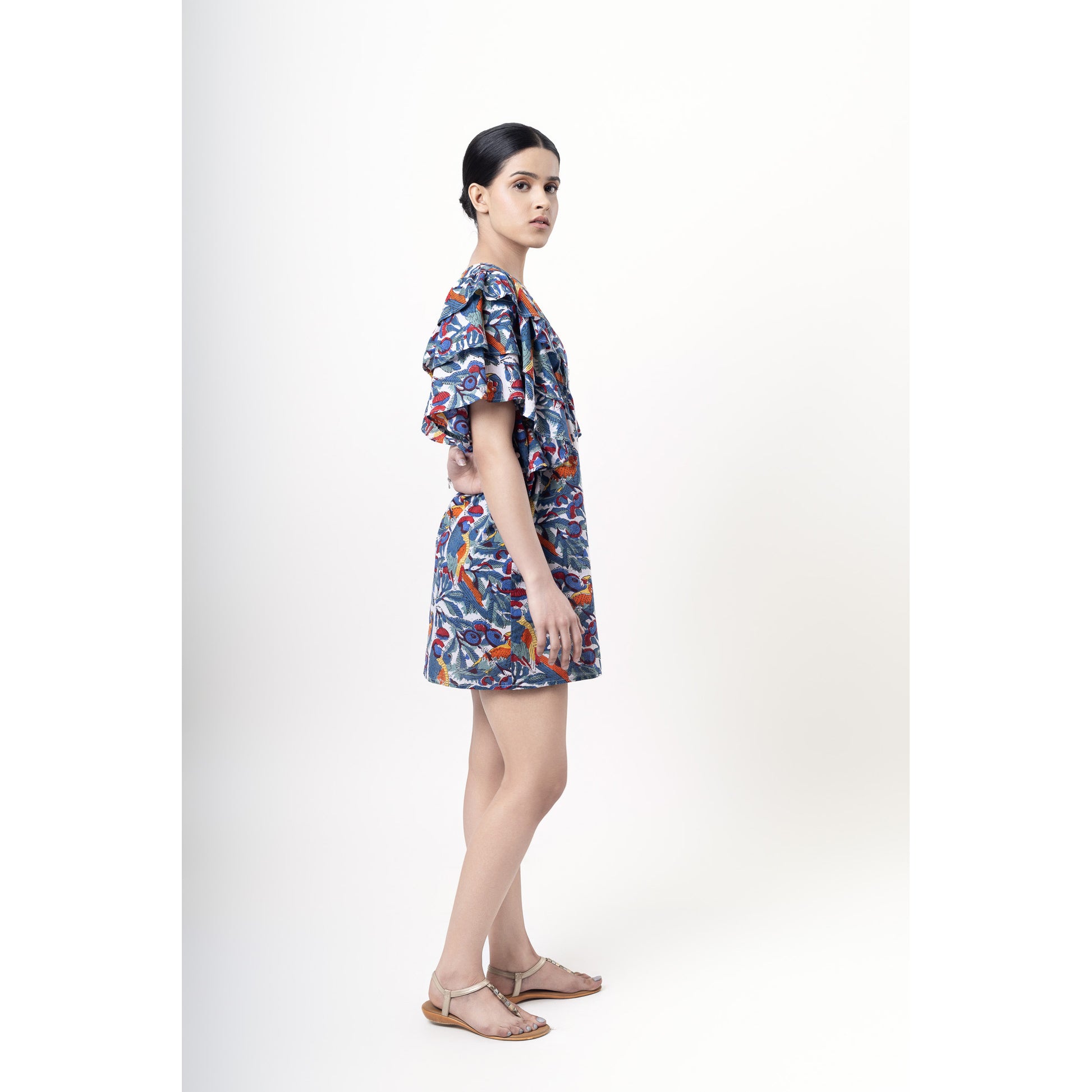 Buttoned Mini Dress in Macaw Block Print - Multi