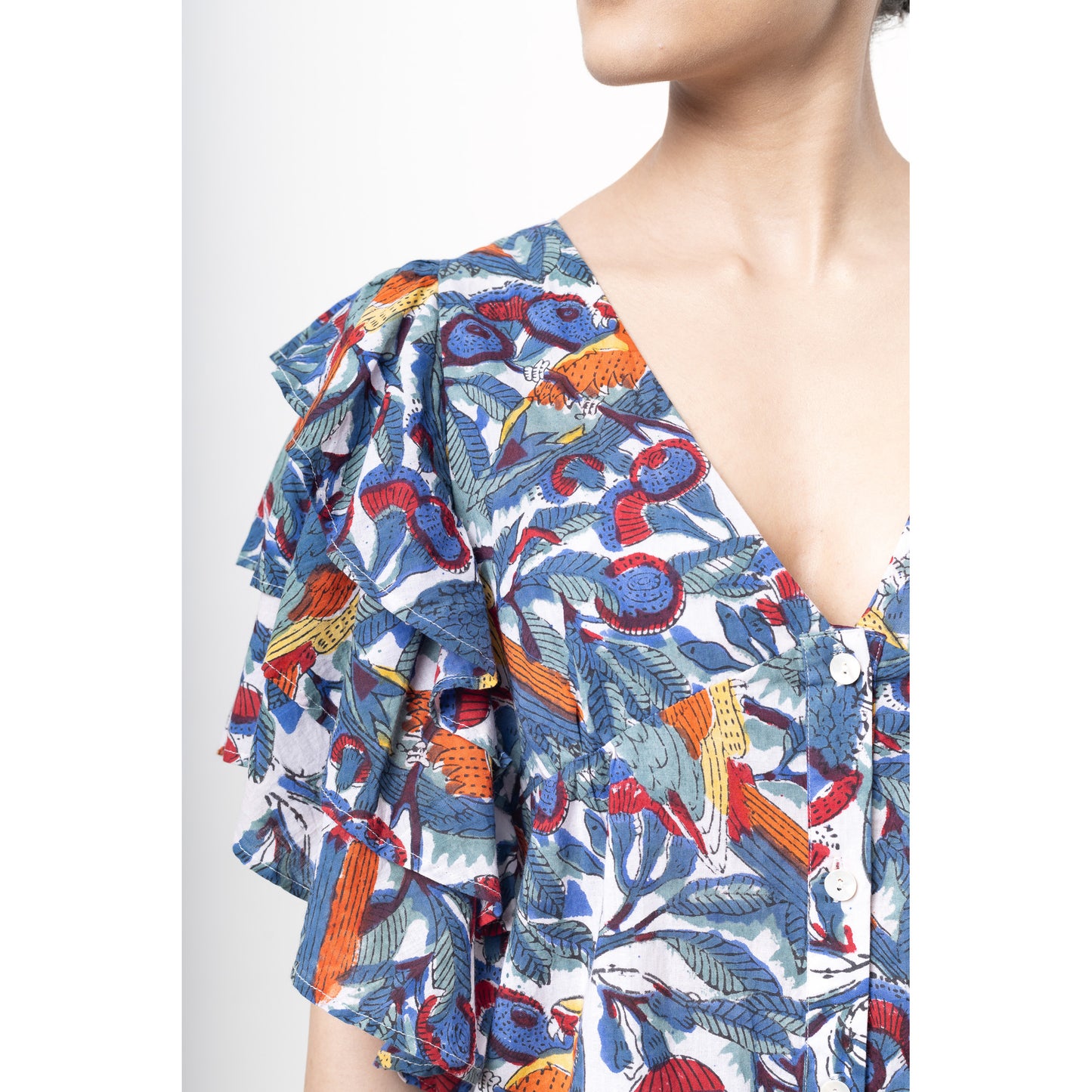 Buttoned Mini Dress in Macaw Block Print - Multi
