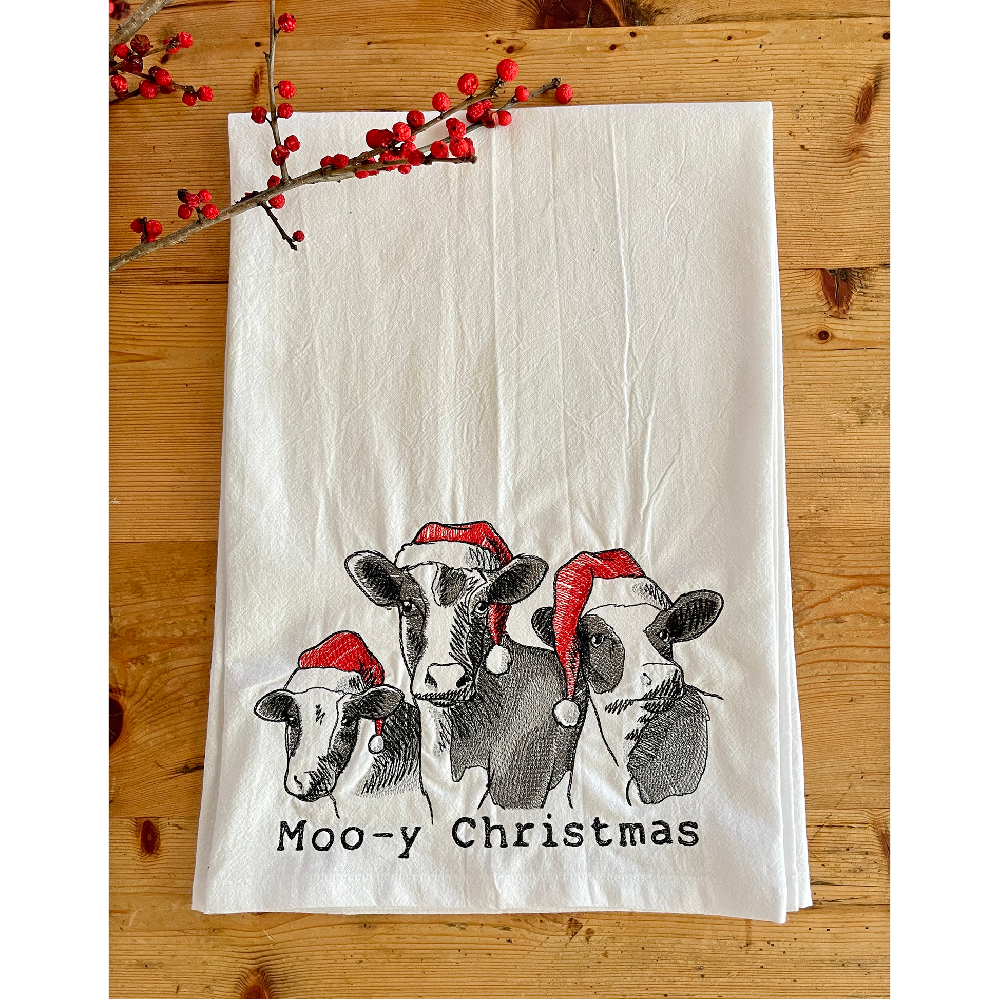 Moo-y Christmas - Embroidered Flour Sack Kitchen Towel