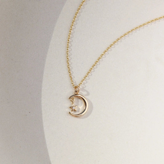 Gold Plated Moon + Star Charm Necklace