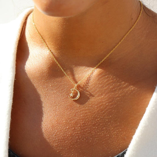 Gold Plated Moon + Star Charm Necklace