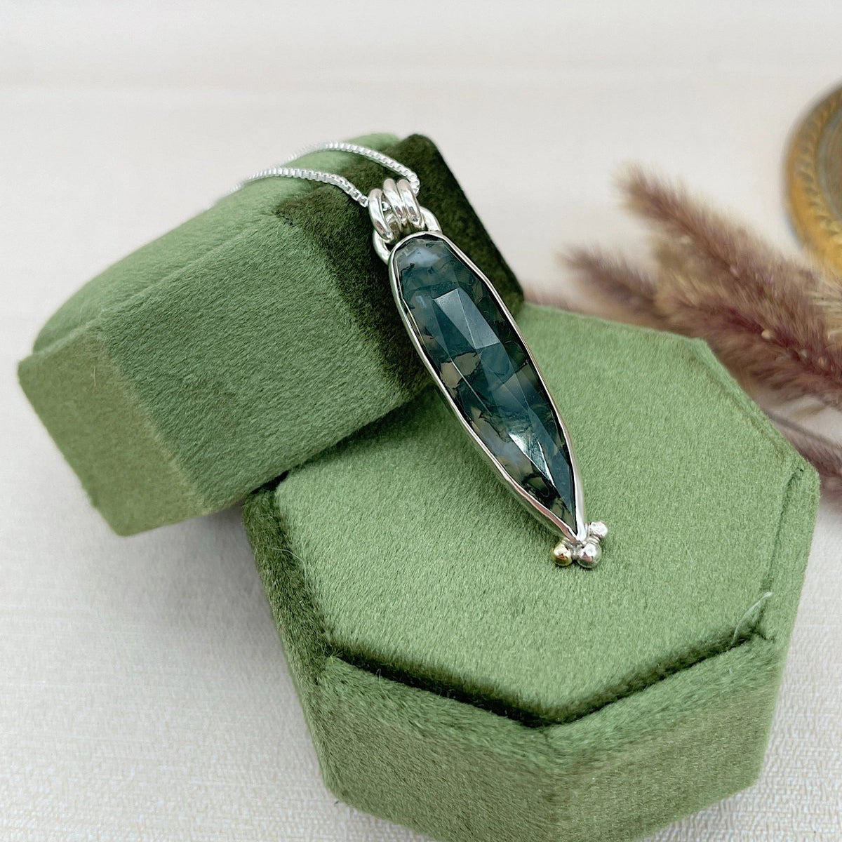 Sterling Silver Moss Agate Charm Necklace with 14k Gold Accent