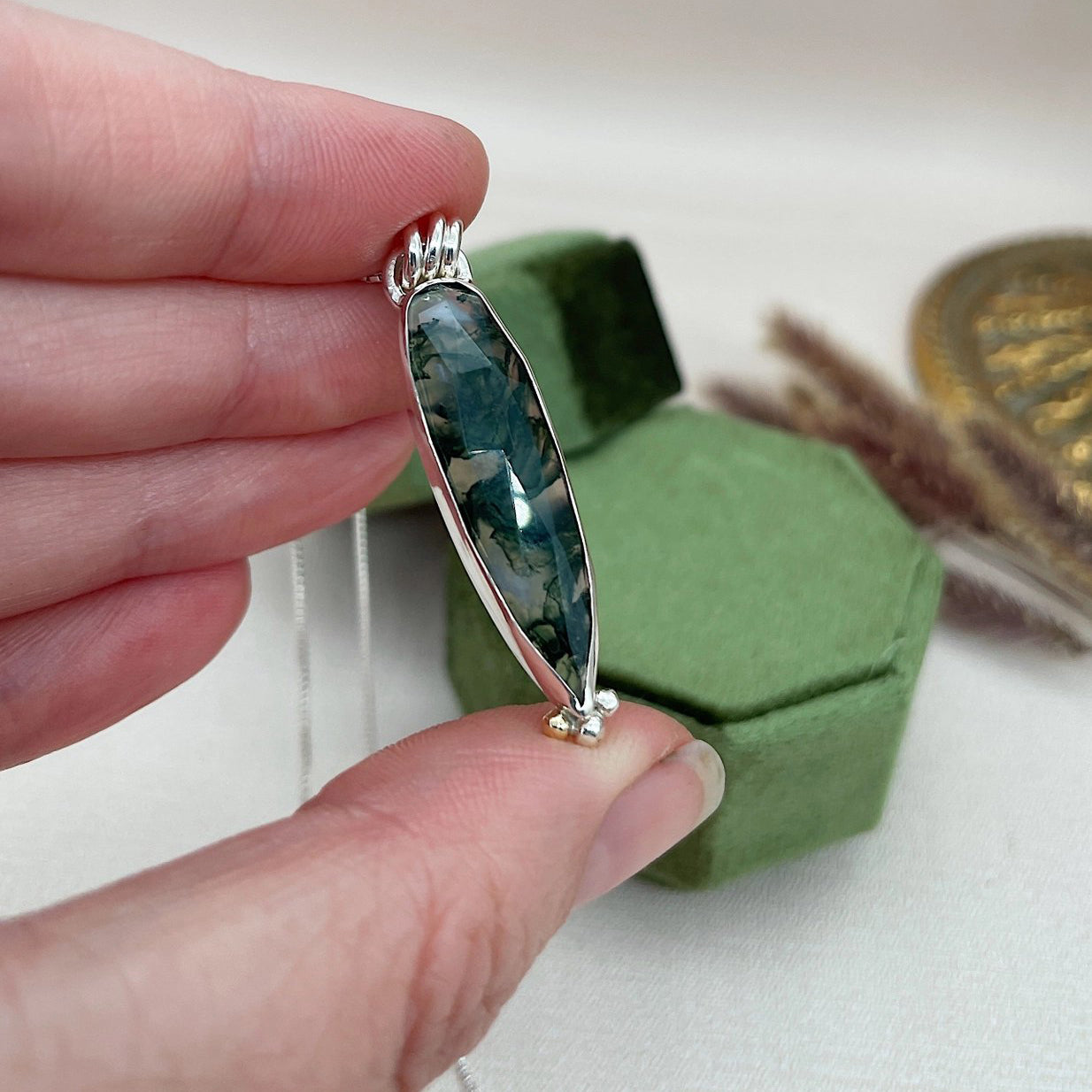 Sterling Silver Moss Agate Charm Necklace with 14k Gold Accent